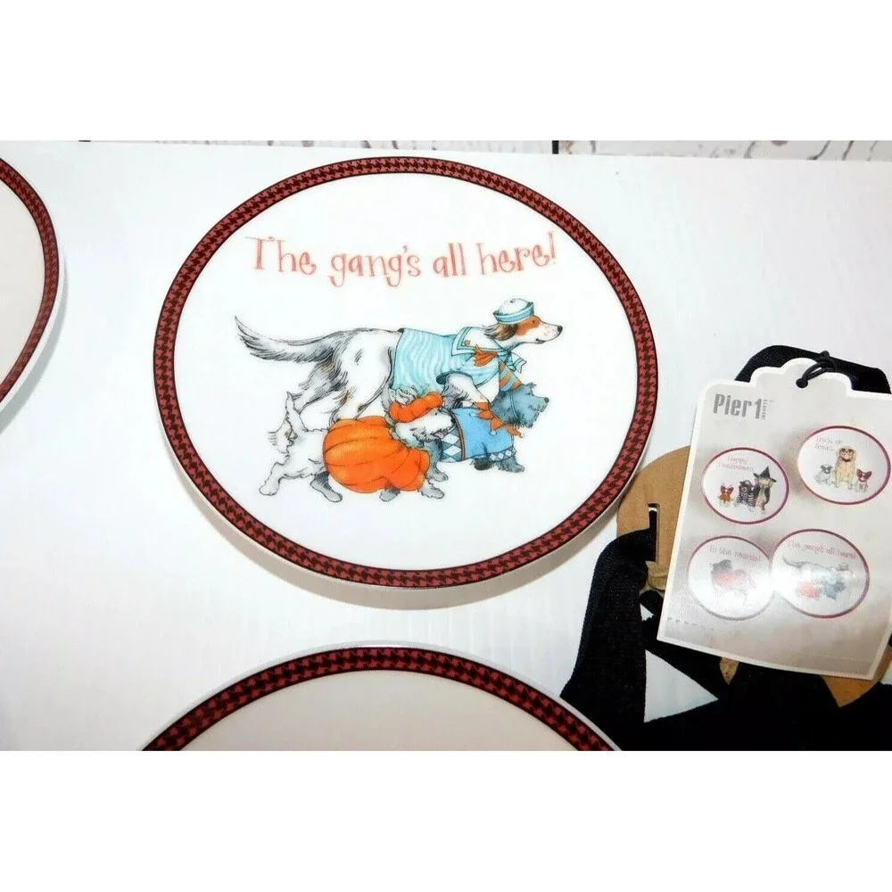 Pier 1 Halloween Dogs in Costumes Lab / Golden + Set of 4 Appetizer Plates New - Picture 3 of 5